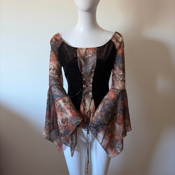 F&X USA Vintage Y2K Mesh Sleeve Top Fairycore Grunge Paisley Corset Lace Up - Picture 5 of 8